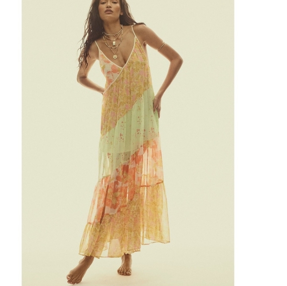 Free People Dresses & Skirts - Free People Diagonal Tiered Floral Maxi Dress in Mint, Peach & Yellow